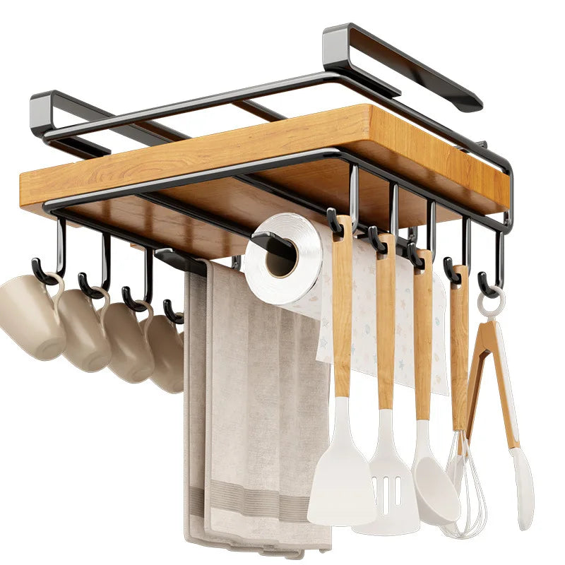 Household Space Saving Kitchen Organizer Under Cabinet Hanging Rack with Hooks Towels Cutting Boards Pot Lids Portable Storage