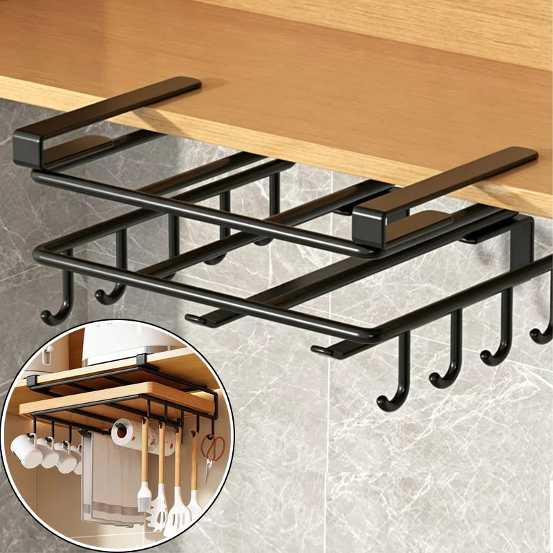 Household Space Saving Kitchen Organizer Under Cabinet Hanging Rack with Hooks Towels Cutting Boards Pot Lids Portable Storage