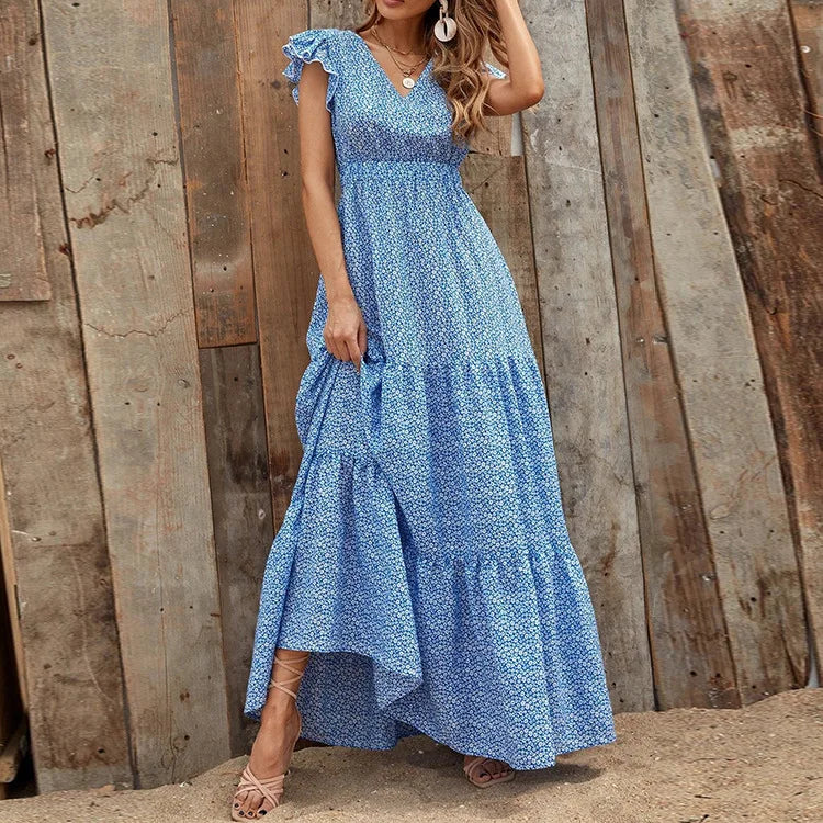 Casual V Neck Print Dress For Women Fashion Boho Holiday Beach Dresses Robe Femme Elegant High Waist Loose Skirt Womens Clothing