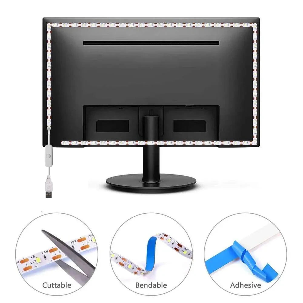 10m / 5m / 3m / 2m / 1m ，Led Light Strip, USB Plug-In Flexible Light Strip, USB Powered, Built-In Button Switch, Waterproof and Energy-Saving Light Strip, Adhesive Backing, Can Be Cut to Design, Adhesive Installation, Suita